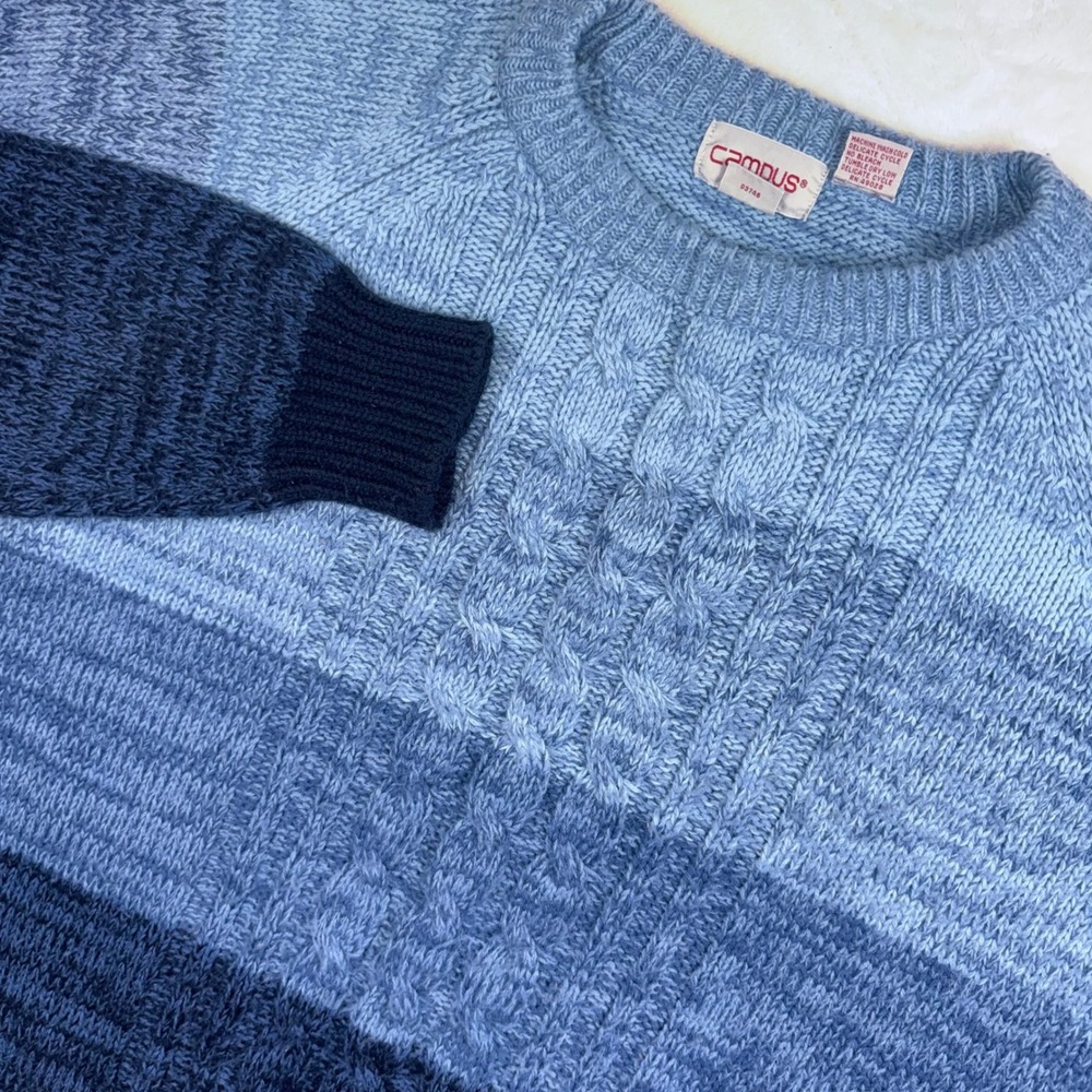 Campus Sweater Mens XL Blue Striped Cable Knit Crewneck Vintage Acrylic Raglan